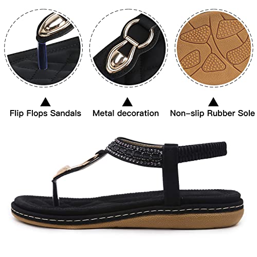 Shibever Summer Sandals For Women Ankle T-Strap Thong Elastic Casual Bohemian Beach Flats Shoes Flip Flops Sandals Black 12 #TOP2