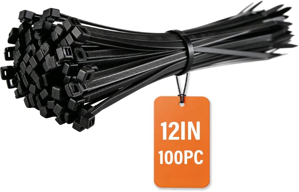 Zeluga 12-378 12inch 1000 Pcs Indoor and Outdoor 50 Lbs Tensile Strength UV Resistant Cable Zip Tie, Black
