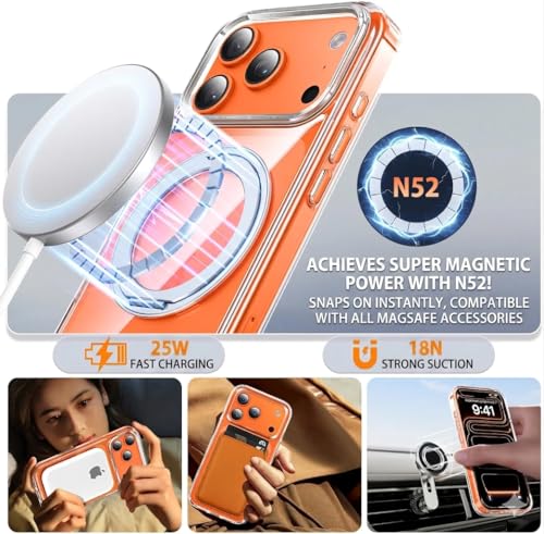 Image of Enflamo Crystal Clear Magnetic Case for iPhone 17 Pro | 360 Rotating Ring Stand | Military Grade Drop Protection | Anti-Yellow Transparent Cover