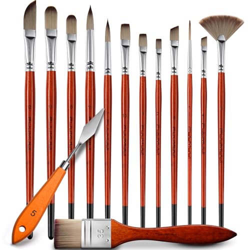 14pcs Acrylic Paint Brushes, Professional Synthetic Bristles Paint Brush Set with Extra Palette Knife - Flat, Filbert, Fan, Dagger, Round, Angle, Rigger Paint Brushes for Oil, Acrylic Canvas Paintings