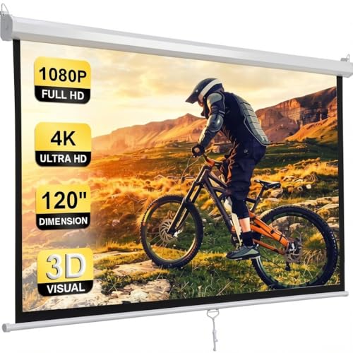 Smartxchoices 120' HD Manual Projector Screen 1:1 Format with Auto Lock Anti-Crease Home Theater Office Wall Mounted Ceiling Pull Down Projection 1.1 Gain Matte White,View Size: 84 x 84 inches