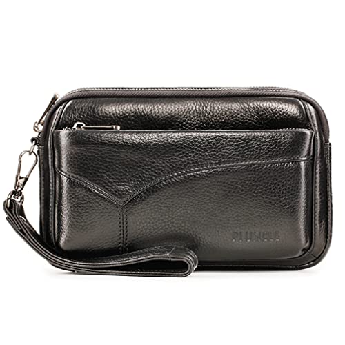 Bolso de mano de cuero negro para hombre con billetera y correa de muñeca