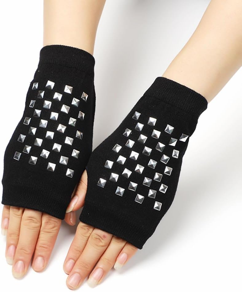 DreamHigh Women's Silver Rivets Gloves Fingerless Gloves with Crystal Studded Pattern