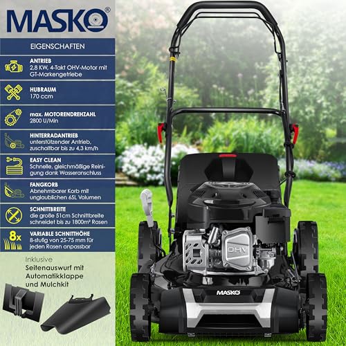 MASKO® Benzin Rasenmäher 5in1 | 51 cm Schnittbreite | 8- fache Schnitthöhenverstellung | 4 Takt OHV Motor 6,0 PS | 65 Liter Fangkorb| Inkl. Mulch- Kit, Seitenauswurf 2