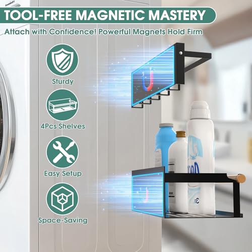 Image of POLRAI 4 Pack Magnetic Shelves for Washing Machine Magnetic Shelf for Fridge Powerful Magnetic Shelves and Magnetic Hook for Laundry Room Kitchen Bathroom Organization