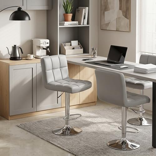 Image of HealSmart Bar Stools Set of 2, 24 inch Counter Height Stools, Modern Upholstered Kitchen Island Chairs with Sturdy Metal Base, PU Leather Saddle Seat Barstools, Grey