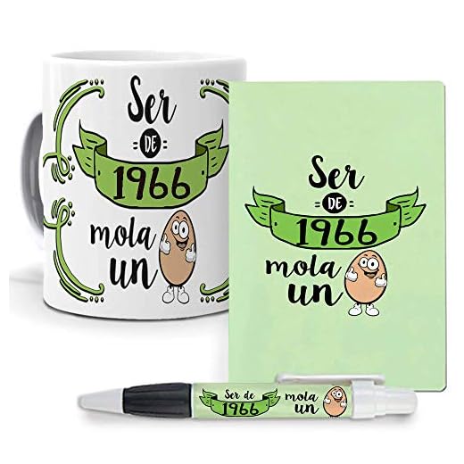 mundohuevo Pack Original y Personalizado para Regalo, Ideal para cumpleaños, con año de Nacimiento. Ser de 1966 Mola un Huevo. Libreta, boligrafo y Taza Maxima Calidad.