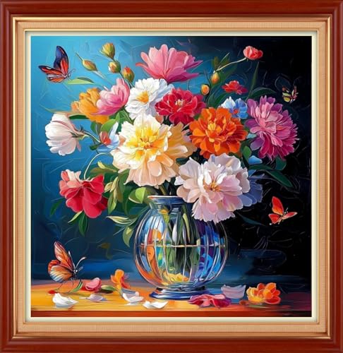 Image of Joyhoor Stamped Cross Stitch Kits for Beginners Needlepoint Kits for Adults Embroidery Kits 11CT Counted Cross Stitch Kits Printed Embroidery Pattern- Colorful Flowers Butterflies 18x18 inch