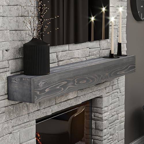 BoscoMondo Fireplace Mantel, Handcrafted Rustic from Solid Pine, Wall-Mounted Floating Farmhouse Shelf - 8x6x66 Ash Grey