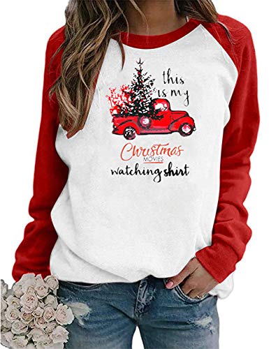 Merry Christmas T Shirts for Women Baseball Long Sleeve Raglan Plaid Splicing Top Tee This is My Christmas Movies Watching Shirts truck1-4137-XXL