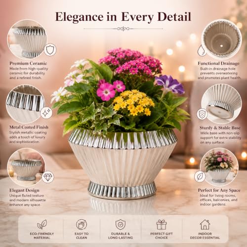 Image of Xtore Elegant Fluted Ceramic Planter with Drain Tray | Glossy White Flower Pot for Indoor Plants, Succulents & Tabletop Decor (14.5 cm x 12.5 cm)
