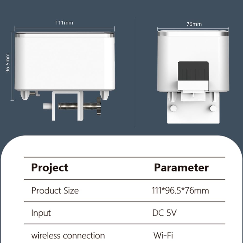 Diagram showing the dimensions of the Weytoll Automatic Fish Feeder: 111mm length, 96.5mm height, and 76mm width, along with input voltage and wireless connection type.