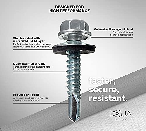 DOJA INDUSTRIAL | SELBSTSCHNEIDENDE SCHRAUBEN 6,3x25+Bohrbuchse M10 | PACK 100 Bohrschrauben mit Unterlegscheibe+1 Sechskant Bit Steckschlusselsatz | Blechschrauben Karosserie, Dachblech, Alu Blech