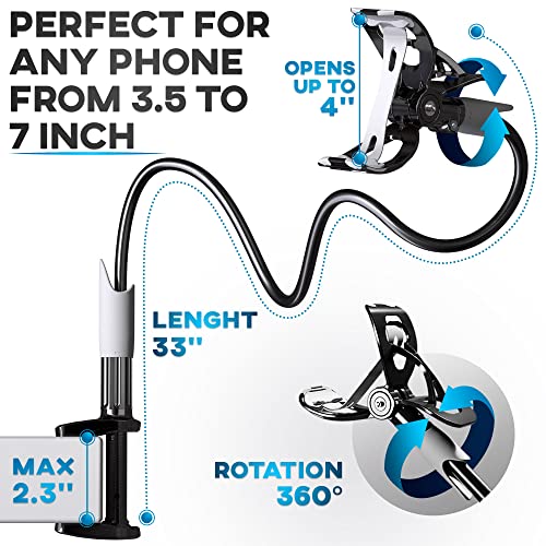 Cell Phone Holder For Bed Gooseneck Bedside Phone Holder Laying Down With Adjustable 360 Clamp Clip And Flexible Long Arm, Phone Holder For Desk Stand And Mount Compatible With Iphone 14 Pro Max #TOP2