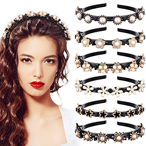 6 Pieces Rhinestone Pearl Hairpin Headband Double Layer Headband with Clips Braided Hair Clip Headband Double Bangs Hair Band with Clips Elegant Flower Hair Accessories for Women Girls, 6 Styles