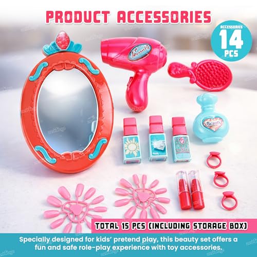 Image of Zest 4 Toyz Kids Makeup Kit for Girls Cosmetic Beauty Set Suitcase Portable Trolley Pretend Play Toy with Makeup Accessories for Kids (Pink) 15 Pieces