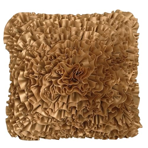 Bella's Giftshop Gold Ruffle Decorative Throw Pillow Covers 18x18 Inch for Bed Sofa Couch, Handmade 3D Faux Silk Accent Pillow case, Boho Living Room Decor