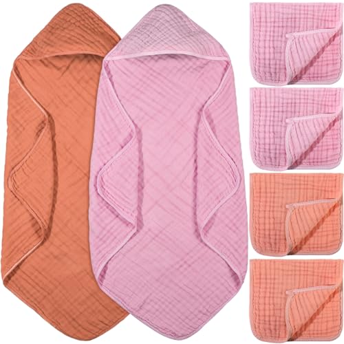 Image of VitalCozy 6 Pcs Baby Muslin Hooded Bath Towels and Washcloths, Muslin Hooded Baby Towels Absorbent Blankets for Gift Newborn Infant Shower (Pink,Orange)