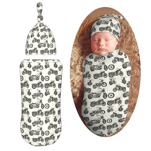Image of Painting Motorcycles Newborn Swaddle Blankets Hat Sets Soft Baby Receiving Blanket Swaddle Sack for Baby Shower Infant Boy Girl Gift