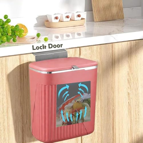 Image of Kriva Hanging Trash Can for Kitchen Cabinet Door with Lid | Small Under Sink Garbage Can Trash Bin for Bathroom,Wall Mounted Counter Waste Kitchen Dustbin, 1 Pc (Cherry)