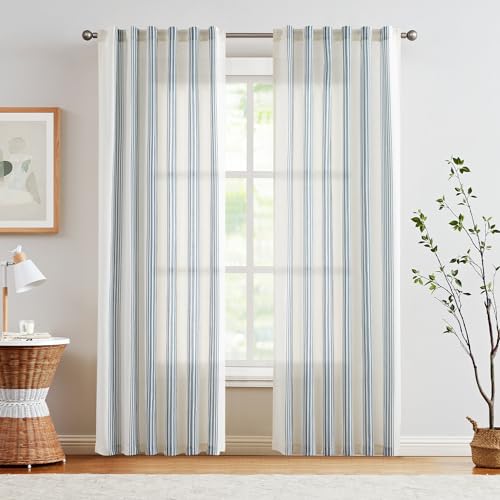 jinchan Striped Linen Blend Curtains 84 Inches Long for Living Room Blue Stripe Semi Sheer Light Filtering Modern Farmhouse Coastal Drapes for Bedroom Curtain Set 2 Panels - Image 2