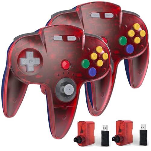 Image of KIWITATA 2 Pack Wireless N64 Controller for Switch Games, 2.4GHZ Remote N64 Joystick Wireless Game Controller Compatible with Raspberry Pi, N64 System, Windows 7,8,10,11 Clear Red