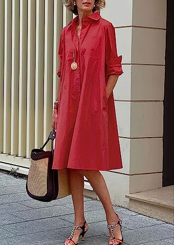 Image of chouyatou Women's Spring Summer Button-Down Shirt Dress Loose A-Line Midi Shift Tunic Dress