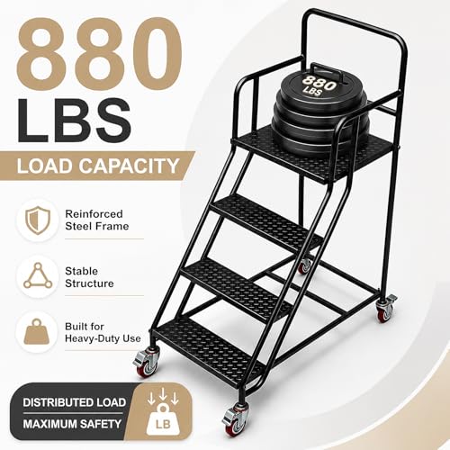 Image of 4 Step Rolling Ladder with Handrails, 880 lbs Capacity Heavy Duty Steel Mobile Warehouse Ladder with Locking Wheels, Non-Slip Rolling Stairs with Large Platform for Garage, Stockroom, Library