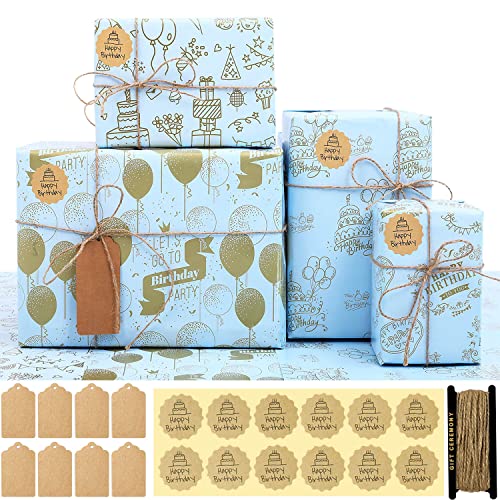 FullJoyHut Kit 4 Papier Kraft Cadeau Anniversaire 70x50cm, avec 12 Autocollant d'Anniversaire, 8 Étiquettes Cadeaux Papier Kraft, 1 Rouleau Cordes Jute pour Emballage Cadeaux d'Anniversaire Noël Cover