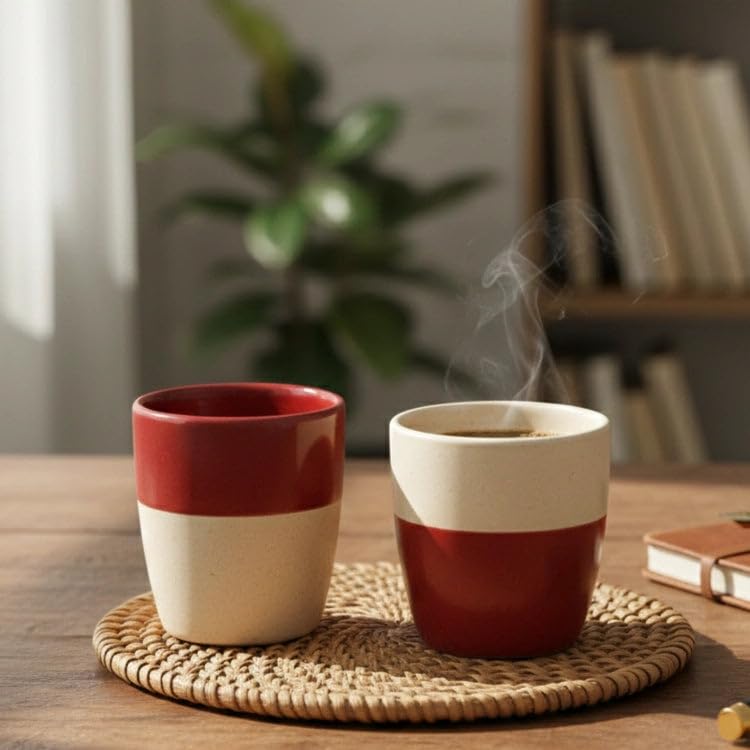 Image of BLACKCARROT Handcrafted Red Ceramic Kulhad Tea Set | 2 Cups & 1 Kettle | Microwave & Dishwasher Safe