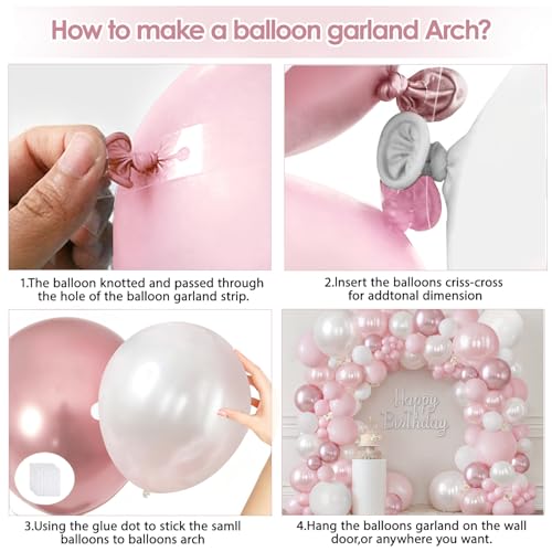 Image of Blocesa Pearl Pink White Balloons Arch Kit Double Stuffed, Party Decor. | Pastel /Light Pearl /Metallic Pink, White Balloons. Perfect for Coquette Wedding, Girl Birthday, Bridal Shower.