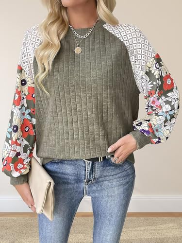 SKVON Floral Tops for Women Patchwork Long Sleeve Ribbed Blouses Crewneck Striped Crochet Print Shirts Lace Knit Sweaters2