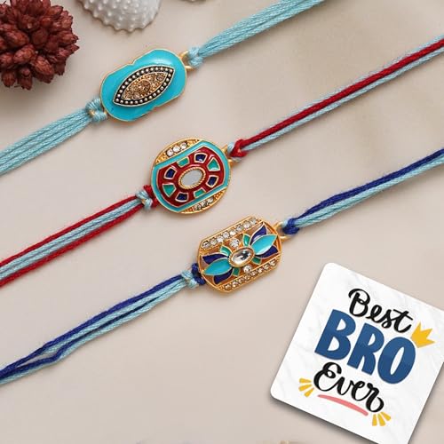 Image of eCraftIndia Set of 3 Beautiful Floral Designer Rakhis, Best Bro Ever Fridge Magnet with Roli Chawal Pack - Rakhi for Brother, Bhaiya, Bhai