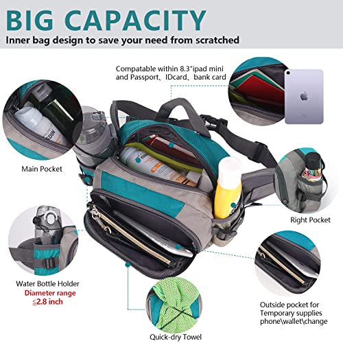 Fioretto Hiking Waist Pack With Water Bottle Holder Fanny Pack Sports Bag For Women And Men Fishing Running & Dog Walking (Turquoise) #TOP2