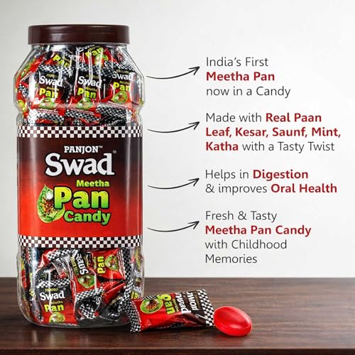 Image of Swad Meetha Paan Candy Toffee | Real Paan Flavour with Kattha, Saunf, Kesar & Mint, Sweet Mukhwas Mouth Freshener, 200 Candy Jar