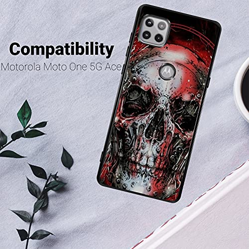 Cases On Deck Black Tpu Case Compatible With [Motorola Moto One 5G Ace (2021) / Moto One 5G Ace Tpu Case][Gel Flex Tpu] Slim Tpu Bumper Shock Resistant Flexible Design Phone Case (Red Skull) #TOP1