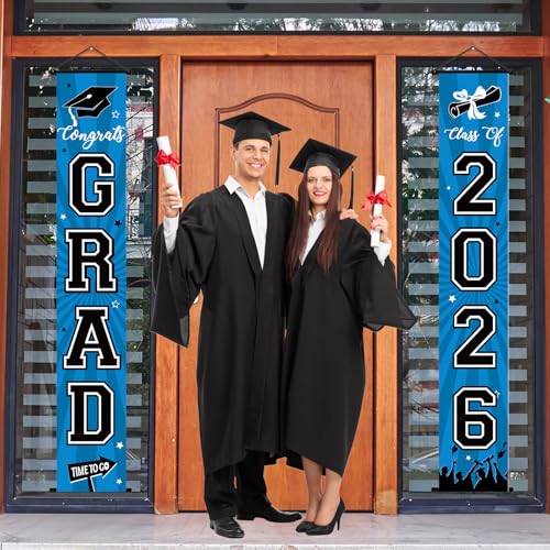 Image of Graduation Banner 2026 Graduation Decorations Blue and Black Grad Banner Porch Sign Class of 2026 Door Decor Congrats Hanging Backdrop Blue Grad Party Decor for School Congratulations Supplies
