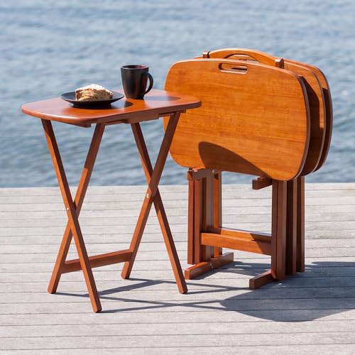 Image of Winsome Lucca Set of 4 Foldable Snack Tables with Storage Rack, Teak | Easy to Store Portable Fold Up Table Set for Kitchen, Living Room TV Dining, Crafts, Puzzles, Work From Home