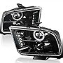 Spec-D Tuning LED Halo Jet Black Projector Headlights Compatible with 2005-2009 Ford Mustang, Left + Right Pair Headlamps Assembly