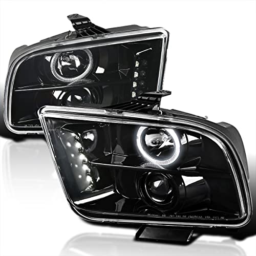 Spec-D Tuning LED Halo Jet Black Projector Headlights Compatible with 2005-2009 Ford Mustang, Left + Right Pair Headlamps Assembly