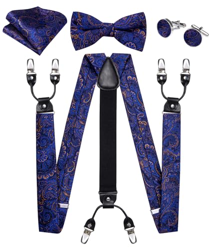 Image of DiBanGu Paisley Bow Tie and Supenders for Men Tuxedo Heavy Duty 6 Clips Suspender Adjustable Y-Shape Mens Trouser Braces