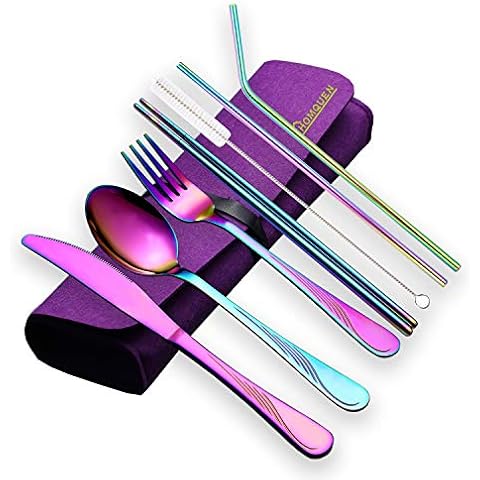 HOMQUEN Portable Utensils,Travel Camping Cutlery Set,Stainless Steel Silverware Set,Include Knive/Fork/Spoon/Chopsticks/Straws/Brush/Portable Case(Colorful-8 Piece) Cover