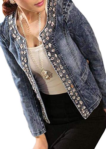 AiMei Women Jean Coat Cardigan Stretchy Vintage Glitter Sequins Denim Jacket, XX-Small