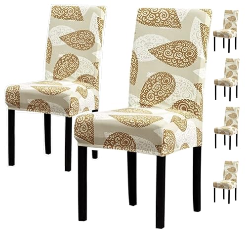 Image of House of Quirk Elastic Chair Cover Stretch Removable Washable Short Dining Chair Cover Protector Seat Slipcover ((Pack of 6, Gold Paisley))