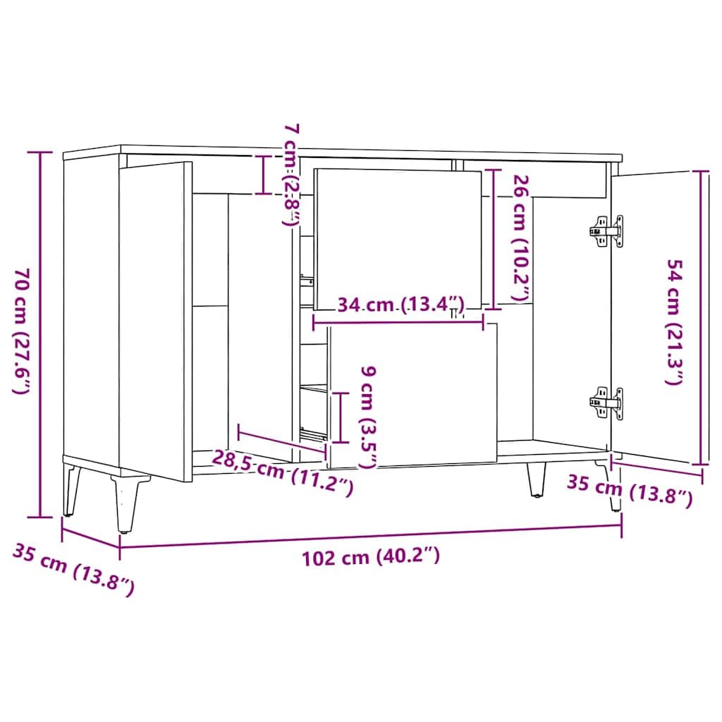 Credenza grigio Sonoma, 102 x 35 x 70 cm, comò con 2 ante e 2