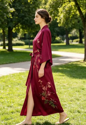 Image of Women's Classic 100% Silk Kimono Robe, Bathrobe-Printed Pattern