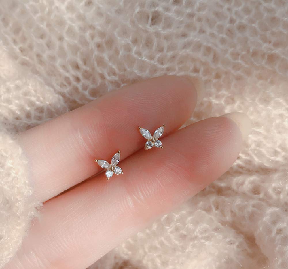 LVTING 925 Silver Plated 14K Gold Bow Studs Earrings Hypoallergenic for Sensitive Ears with Cubic Zircon Small Gift for Women Girlfriend Daughter Butterfly Bow Ear Studs (butterfly)