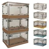 Hellozebra 収納ボックス 折り畳み【透明·全方向から取り出せる·大容量85L/56L/40L】コンテナ 収納ケース コンテナボックス 収納コンテナ 蓋付き 積み重ね キャスター付き ロック付き 組み立て簡単 省スペース 厚み 強い耐荷重 衣類/小物/お菓子/おもちゃ/本類 家庭用/オフィス用/車用 XLサイズ ブラウン（3個セット,56L）
