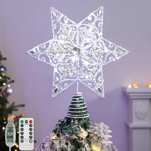 Lewondr Christmas Tree Topper, 3D Glitter Star Tree Topper with 30 LEDs & Remote Control, 8 Lighting Modes, Auto Timer, USB Powered, Christmas Tree Decoration for Home Party, White