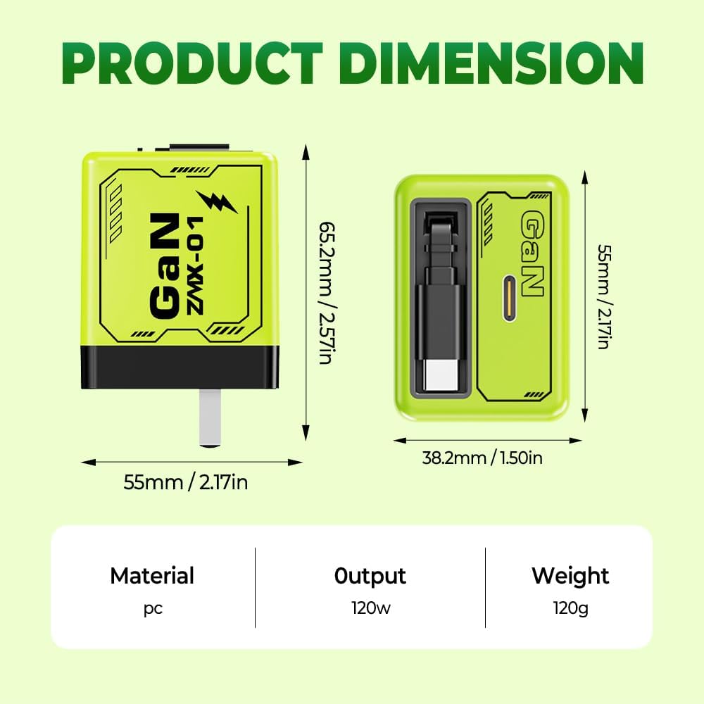 Tabla comparativa de cargadores, cargador rápido 2 en 1 de 120 W con cables retráctiles, adaptador de corriente de carga rápida portátil, enchufe plegable todo en uno, módulo de alimentación escalable